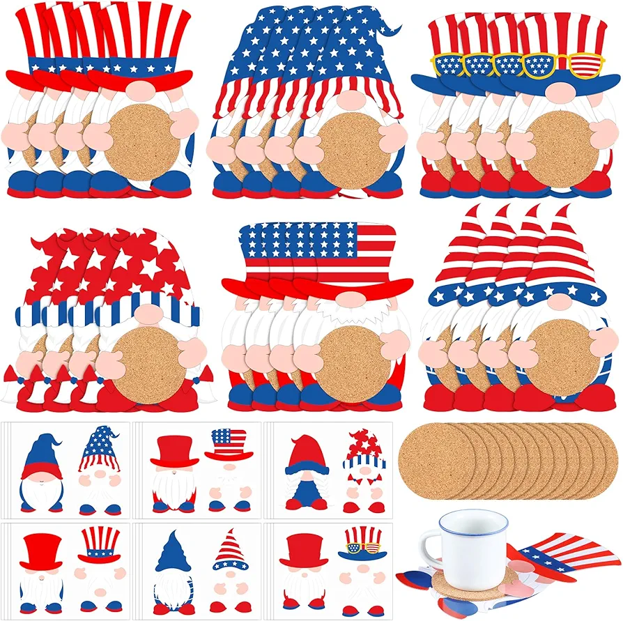 24 Set Patriotic Gnome Coaster Craft Kit DIY Coaster 4th of July Craft Red White Blue Patriotic Placemats Independence Day Coasters Art Craft for Kids Home Party Classroom Fall Activities