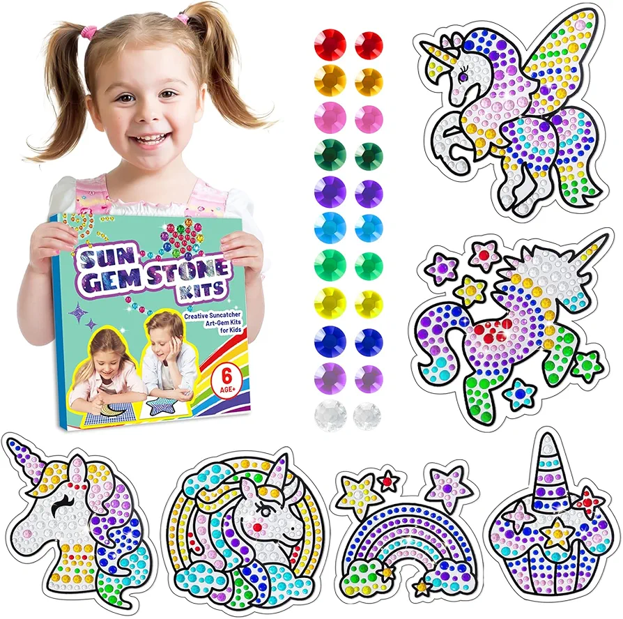 BASIFA 6 Sheets Diamond Window Art Craft Kits for Kids Ages 6 7 8 9 10, Rainbow Cake DIY Suncatcher Diamond Sticking Kit for Girls & Boys Ages 6+ Gemstone Sticker for Party Decoration