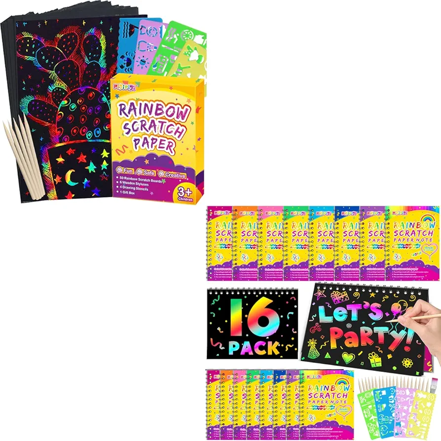 pigipigi Scratch Art-Craft Notebook: Rainbow Scratch Party Favor Kid Paper Craft Project Art Supply for Girls Boys Age 3 4 5 6 7 8 9 10 11 Years Old Toy Christmas Birthday Gift Activity Kit
