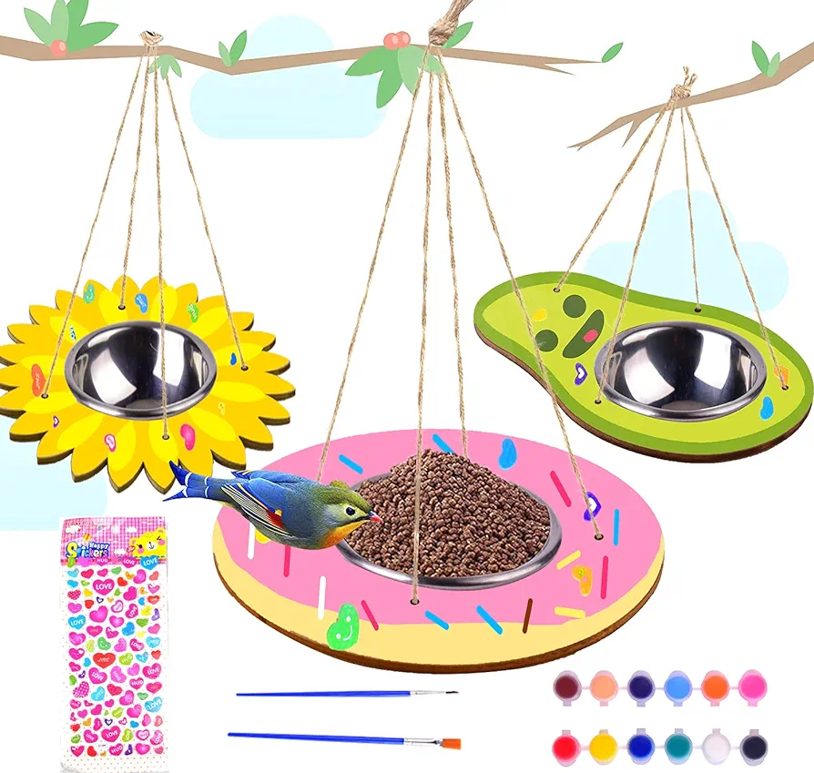 Kids Arts and Crafts Bird Feeders for Outside, 3 Pack DIY Wooden Paint Kits Outdoor Educational Fun Kids Crafts Hanging Sunflower Donut Avocado Bird Feeder DIY Gift for Girls Boys Age 3-5 4-8 8-12