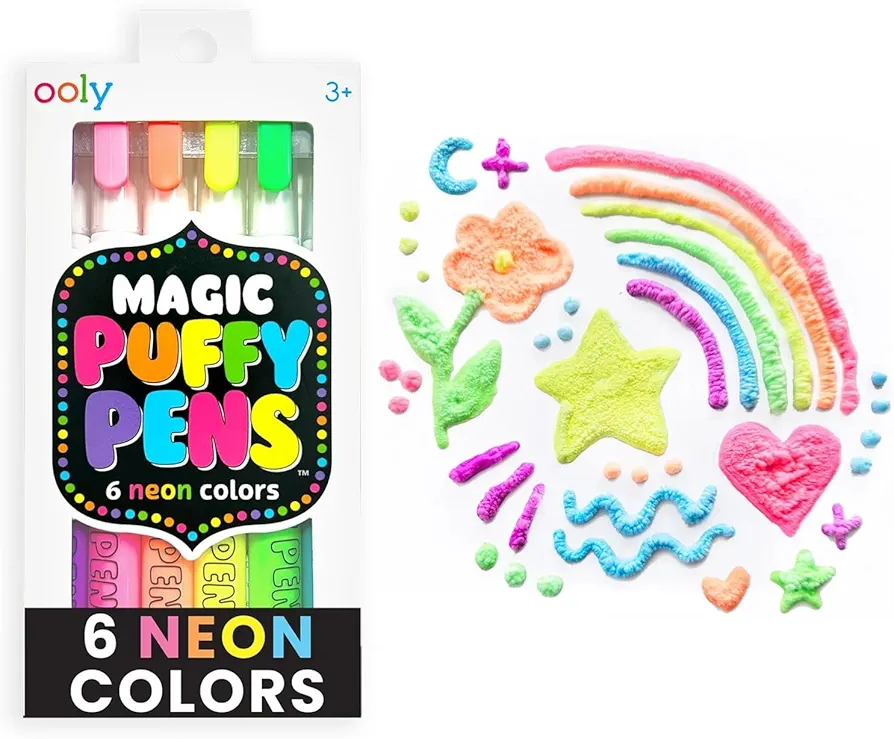 Ooly Magic Puffy Pens, Puffy Popcorn Drawing Pens Set of 6 Neon Colors with 3D Ink, Add Heat & Watch Art Grow! Creative Markers for Kids & Toddlers, Fun Art Supplies for Drawing & Coloring