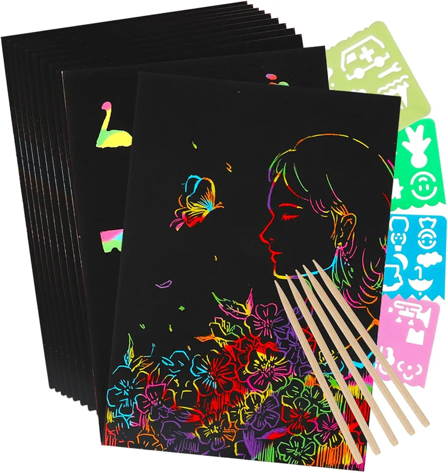 Dimeho Scratch Paper Art Set, Rainbow Scratch Paper Crafts Supplies Black Scratch Drawing Pads Boards Sheets Notes Cards for Party Favors DIY Painting Game Birthday Christmas Gift (59 Pcs)