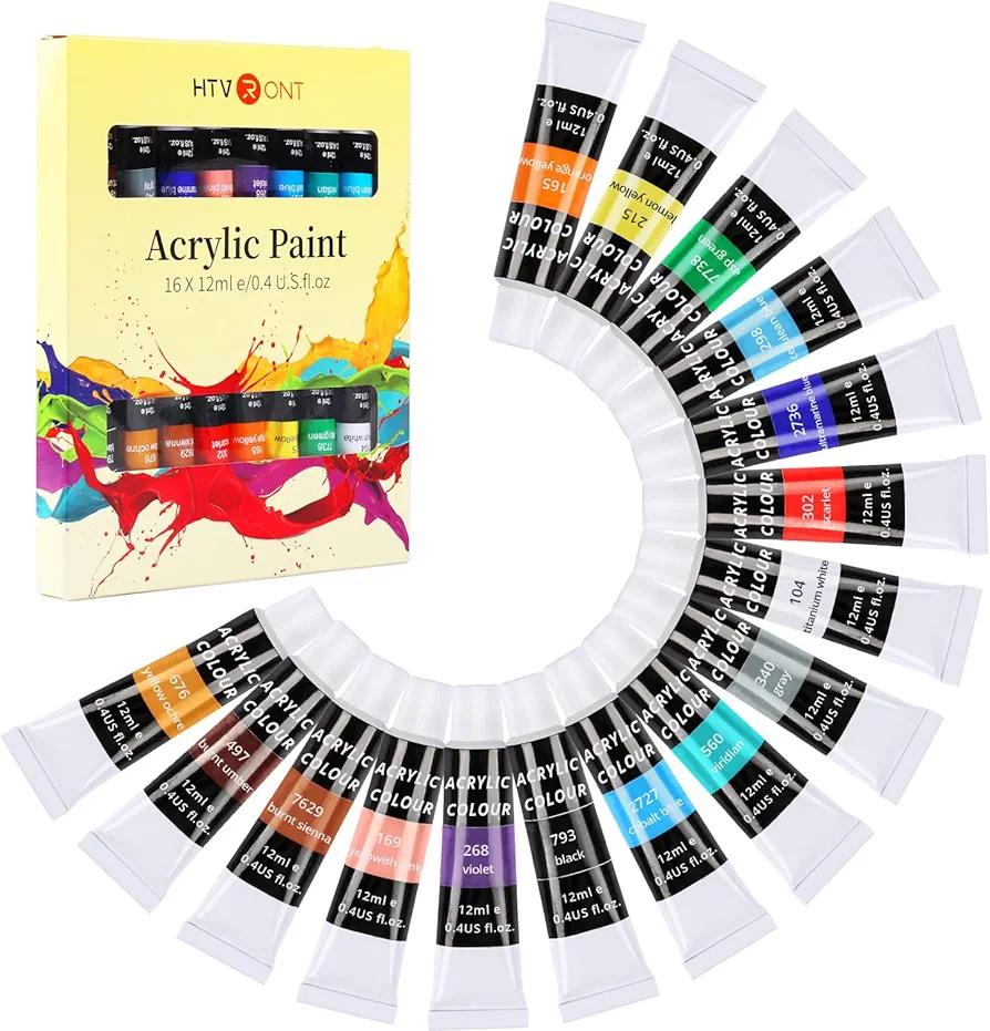 HTVRONT Acrylic Paint Set, Painting Kit for Kids, 16 Colors (12ml, 0.41 oz) Vibrant Rich of Non-Toxic Acrylic Paint for Table Easel, Paints Gifts for Beginners, Rock Paint Kit Crafts Supplies