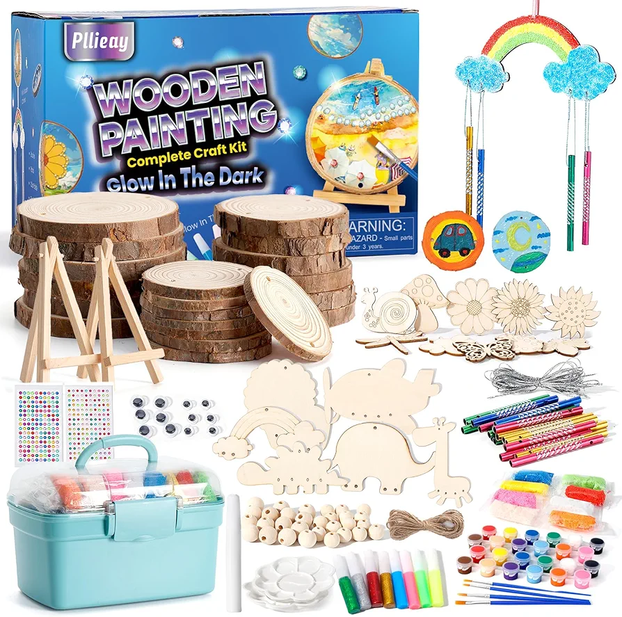 Pllieay Wooden Crafts for Kids, 108PCS Wood Painting Kit with Unfinished Wood Slices, Glow in The Dark and Wind Chime Crafts for Kids, Arts and Crafts for Kids 6-12, Great Gifts for Kids