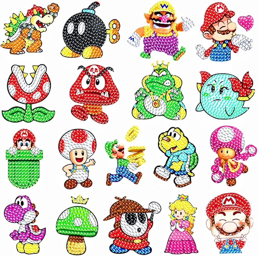 18PCS Mario Diamond Painting Stickers Kits for Kids, Mario Diamond Painting Stickers Paint by Numbers Kit 5D Paint by Numbers Diamonds Mosaic Stickers for Kids Beginners