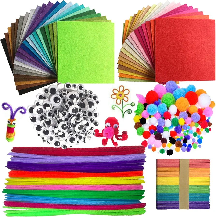 Wartoon Pipe Cleaners Crafts Set, Pipe Cleaners Chenille Stem and Pompoms with Googly Wiggle Eyes and Craft Rods Assorted Colors Non-Woven Felt Fabric Sheets for Craft DIY Art Supplies, 590 Pieces