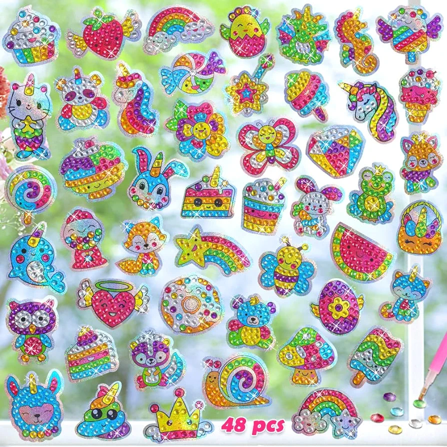 GWAHSA 48pcs Diamond Art Stickers, Art and Crafts Big Gem Art Set for Kids Ages 4-6 6-8 8-12 Boy Girls 5D Sparkle Dot Suncatcher Kit Toys Gift for Birthday Party Halloween Christmas Goodie Bag Fillers