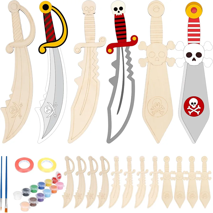 Fennoral 12 Pack Pirates Craft for Kids Make You Own Pirates Wooden Swords Arts and Crafts for Girls Boys DIY Coloring Pirates Theme Craft for Halloween Art Activity Cosplay Supplies Birthday Gifts