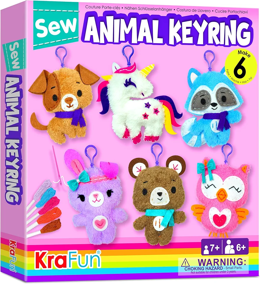 KRAFUN Unicorn Sewing Keyring Kit for Kids Age 7 8 9 10 11 12 Learn Art & Craft, includes 6 Stuffed Animal Bear, Dog, Rabbit, Raccoon, Owl Dolls, Instruction & Felt Materials