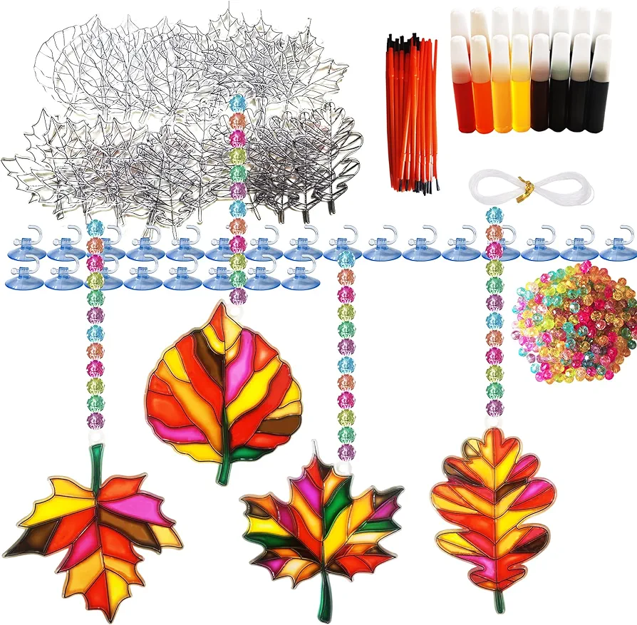 24 Sets Fall Leaf Suncatchers Craft Kits DIY Window Autumn Crafts Paint Art Fall Activities Maple Leaf Sun Catchers for kids Classroom Thanksgiving Halloween Harvest Party Project Activity (Leaf)