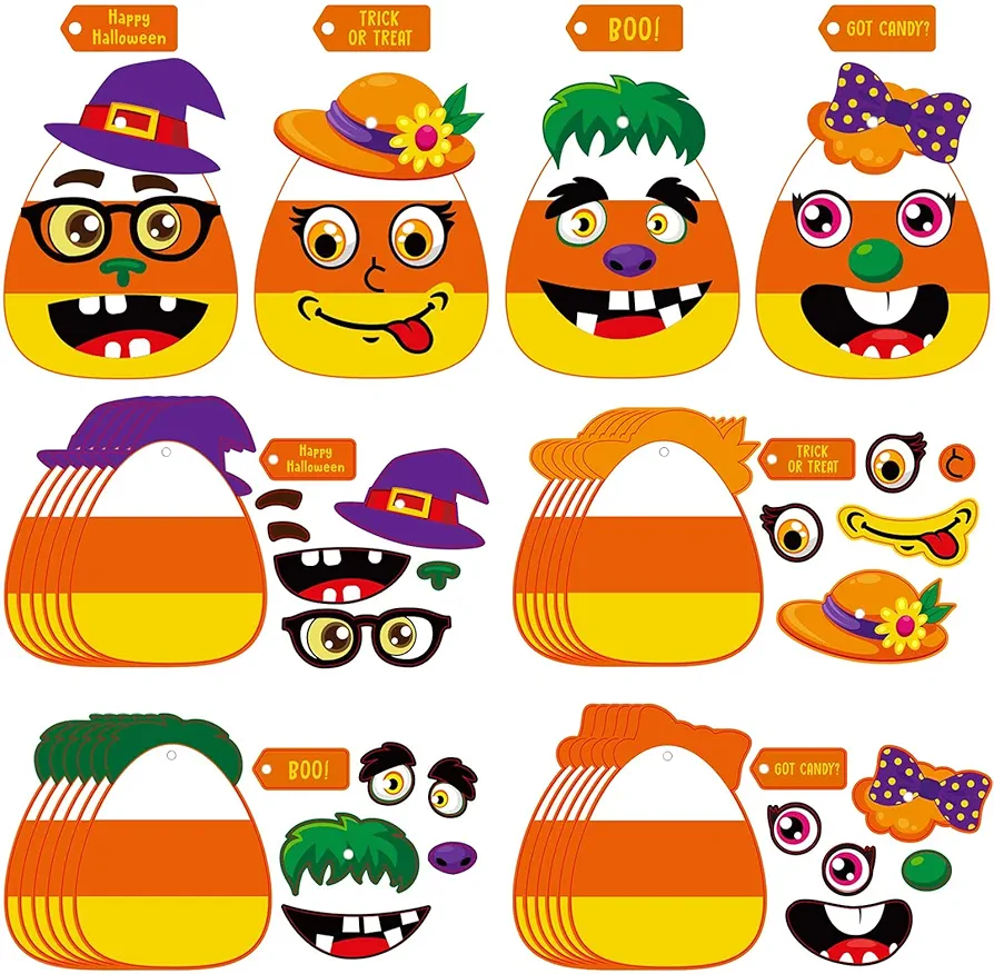 Sumind Halloween Candy Corn Craft Kits for Kids Halloween Activities DIY Handicraft Fun Home Activities for Birthday Activities Party Supplies Classroom Arts, 4 Styles (24 Sets)