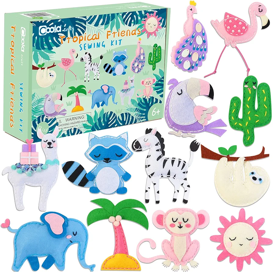 Coola Sewing Kit for Kids, Crafts for Kids Ages 8-12, Arts and Crafts for Kids, Sewing Kit for Beginners, DIY Felt Tropical Animals Kits, Craft Supplies for Kids Girls Boys Gift Ideas Set of 12