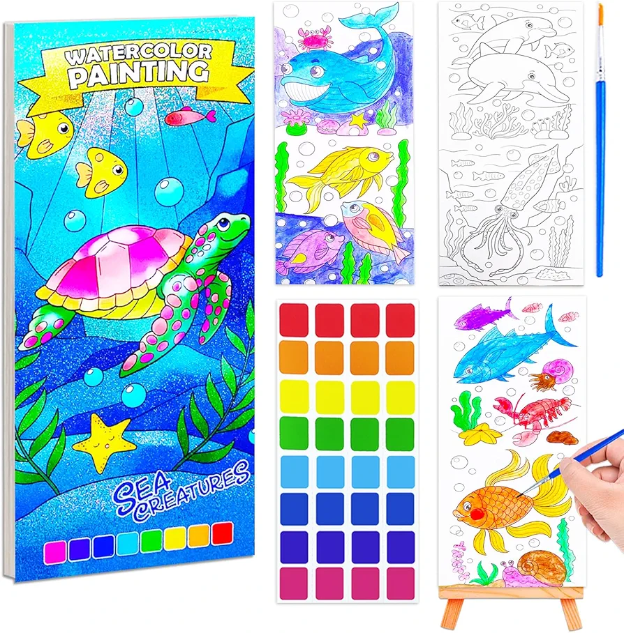 BAOXUE Water Color Paint Sets for Kids, Paint with Water Books for Toddlers Ages 4-8, Pocket Watercolor Painting Book, Arts and Crafts Kit for Girls Boys Watercolor Coloring Book with Brush（Seaworld）