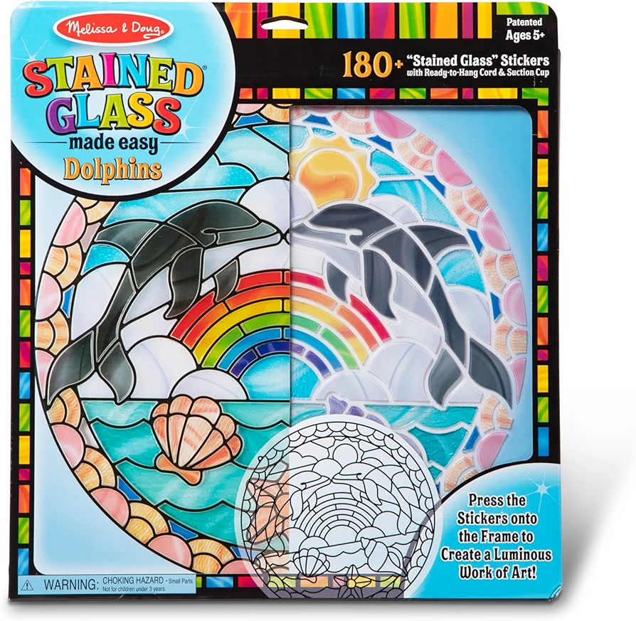 Melissa & Doug Stained Glass Made Easy Craft Kit: Dolphins - 180+ Stickers , Ocean Animals Crafts For Kids Ages 5+