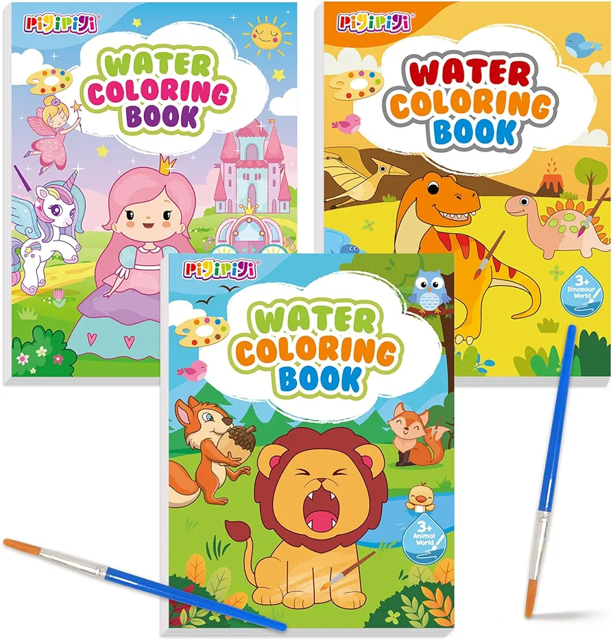 pigipigi 3 Pack Water Coloring Books: Mess Free Paint with Water Kit - Arts and Crafts for Kids Ages 4 5 6 7 8 Year Old - Travel Activities Toy Princess Dinosaur Animal Gifts