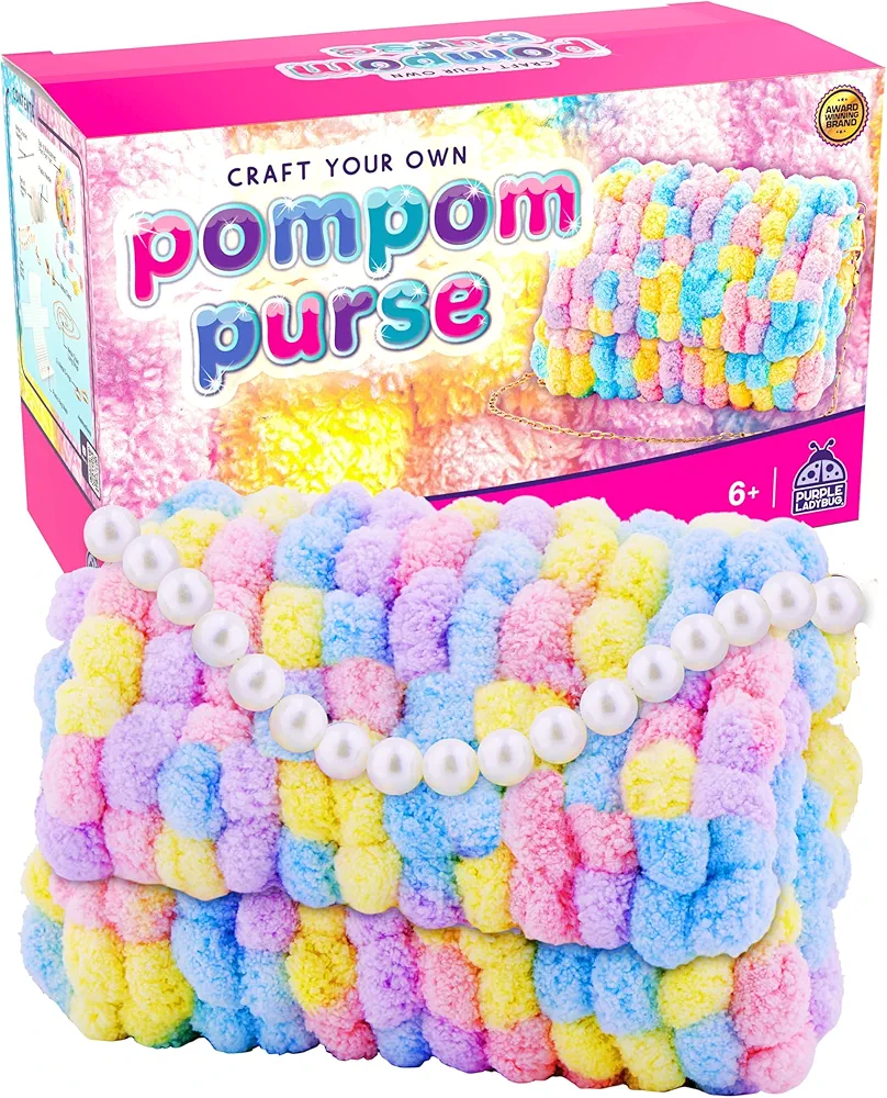 PURPLE LADYBUG Make Your Own Pom poms Purse Kit - Arts and Crafts for Kids Ages 6-8 Girls, Crafts for Girls Ages 6-8, Gifts for Girls 6 7 8 9 10 Year Old, Birthday Gifts, Christmas Gifts for Girls