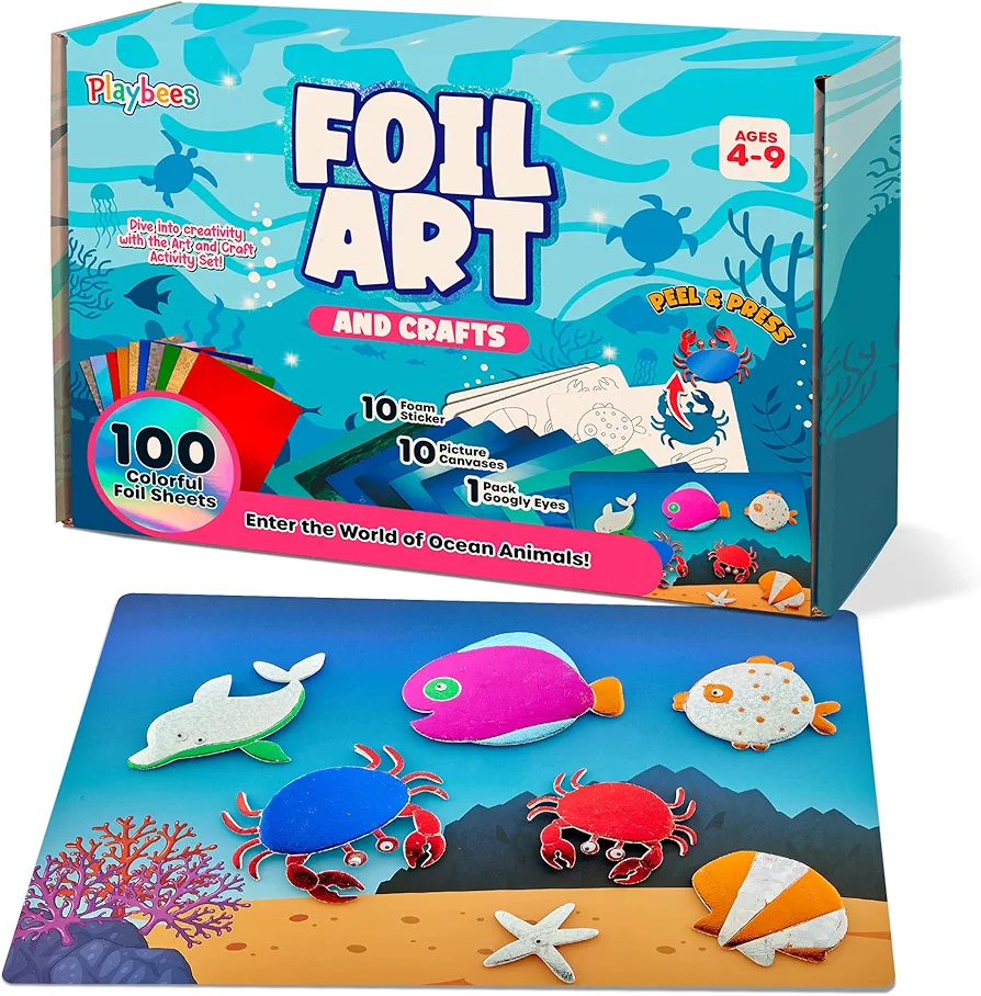 Playbees Foil Art Kit Sea Animals - Preschool Arts and Crafts Kit for Kids- No Mess Art for Boys & Girls Ages 4, 5, 6, 7, 8, 9 Years Old - DIY Creative Activity - Art & Craft Activity