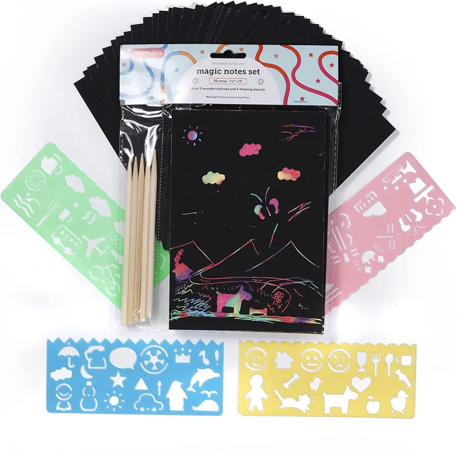 Incraftables Rainbow Scratch Paper Set. Magic Notes Kit with 30pcs Scratch Art Paper, 5pcs Wooden Stylus & 4pcs Drawing Stencils. Black Scratch Off Paper for Kids. Best Scratch Pad for Drawing & Craft