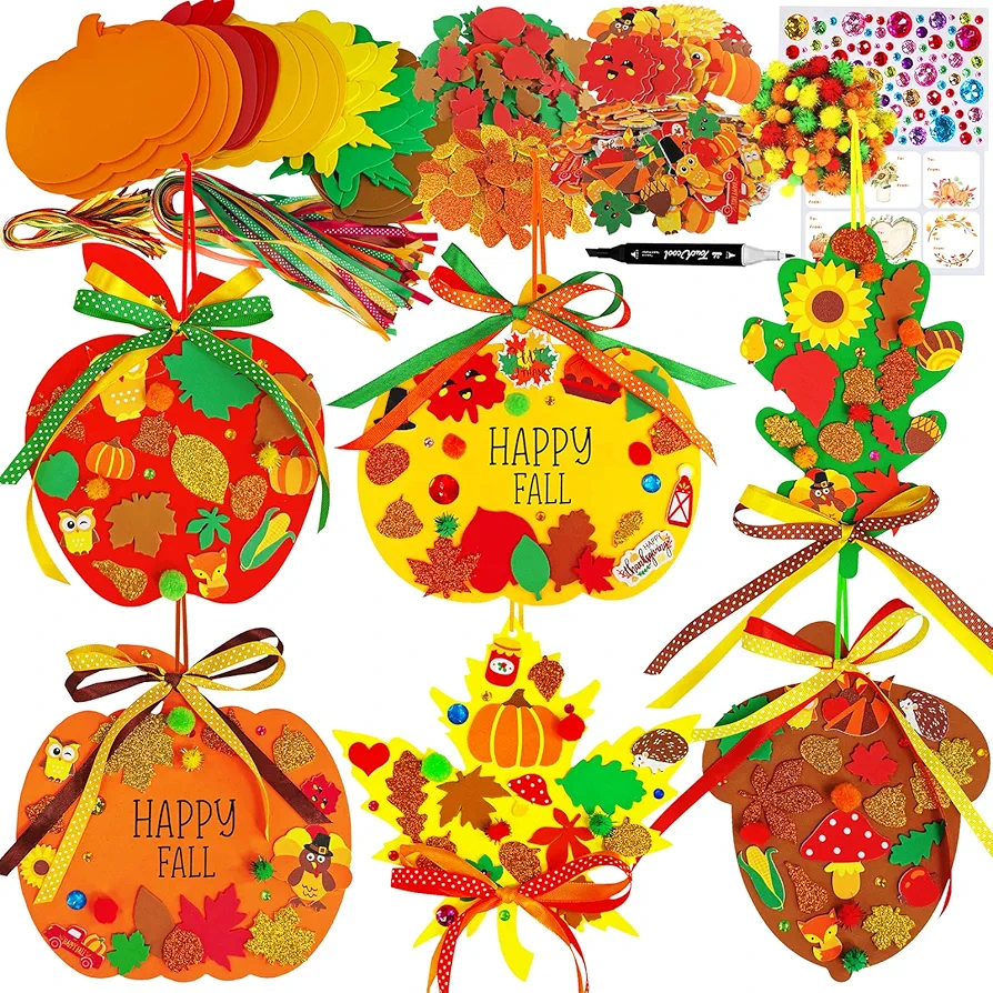 Winlyn 24 Sets Fall Pumpkin Ornaments Decorations DIY Fall Craft Kits Foam Pumpkin Apple Acorn Autumn Leaf Stickers for Kids Party Favors Thanksgiving Halloween Classroom Home Activity Tree Door Decor