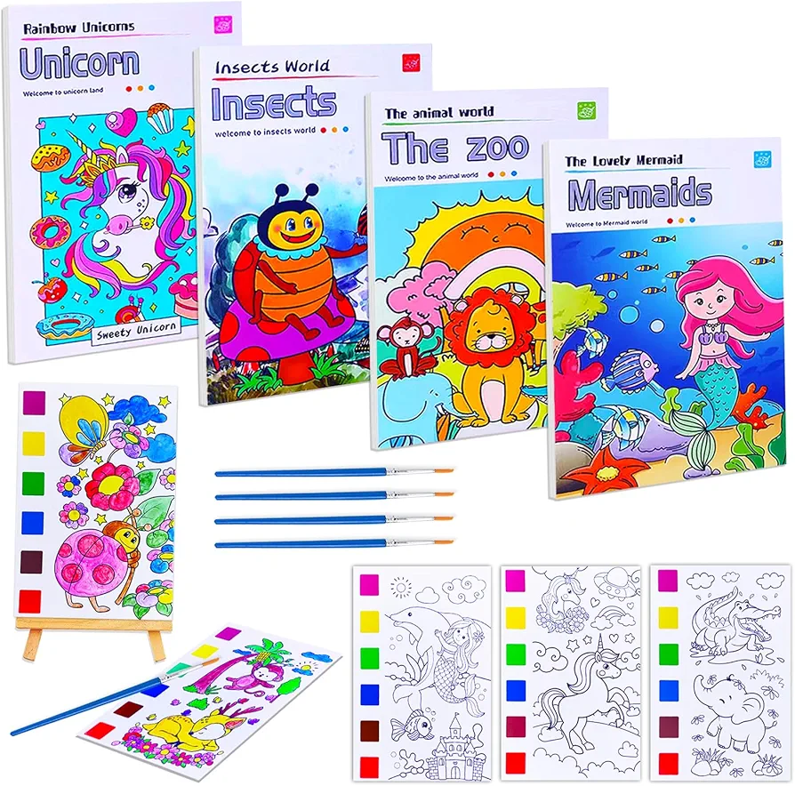 JUNQIU Paint with Water Books for Kids, Watercolor Painting Coloring Books for Toddlers, Magic Paint Set for Kids, Art Craft Kits for Girls Boys Drawing with Brush(4Pack)