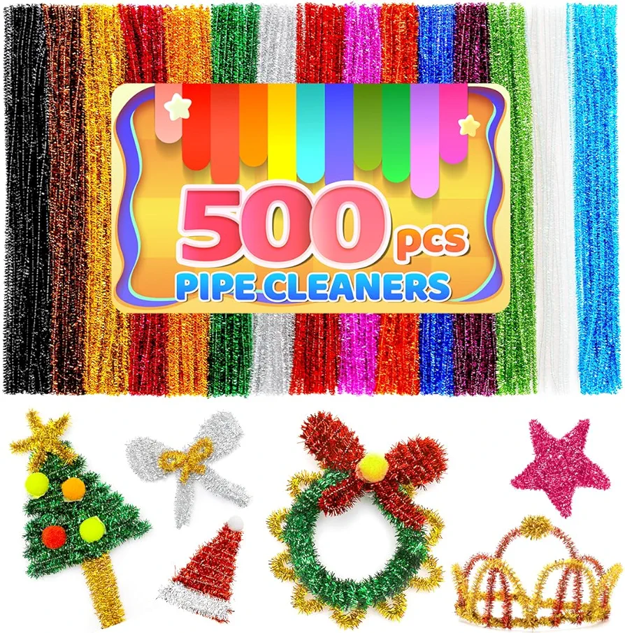 IOOLEEM 500pcs Glitter Pipe Cleaners, Chenille Stems, Pipe Cleaners for Crafts, Pipe Cleaner Crafts, Art and Craft Supplies.