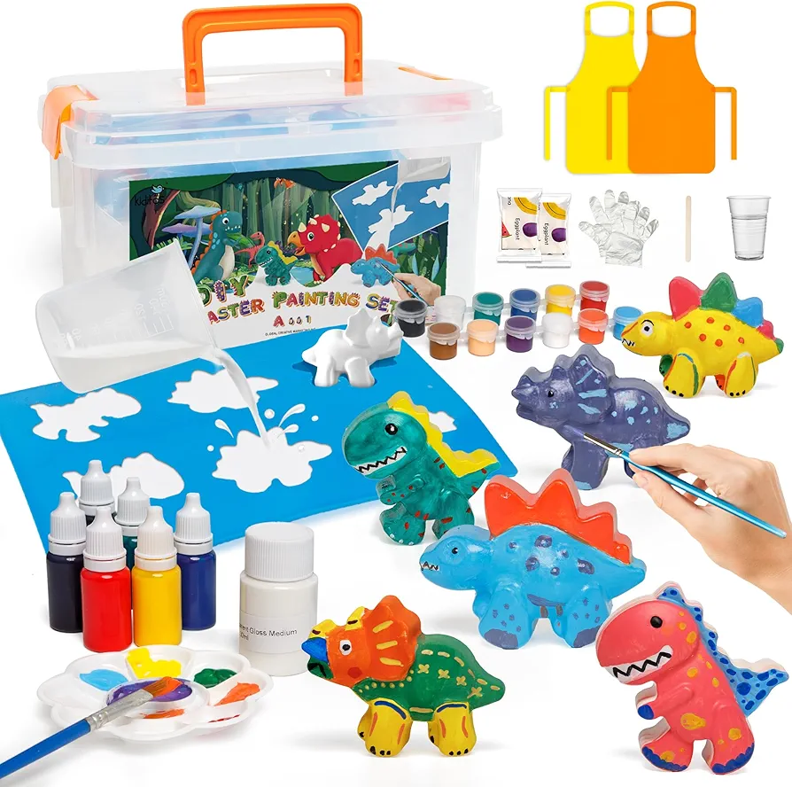 Kiditos DIY Paint Your Own Dinosaur Ceramic Ornaments Toy Set,Plaster Figurines for Kids Age 3+,STEM Arts and Crafts,Creative Gift for Boys&Girls with 12 Colors Acrylic Paint,2 Aprons,2 Tablecloths