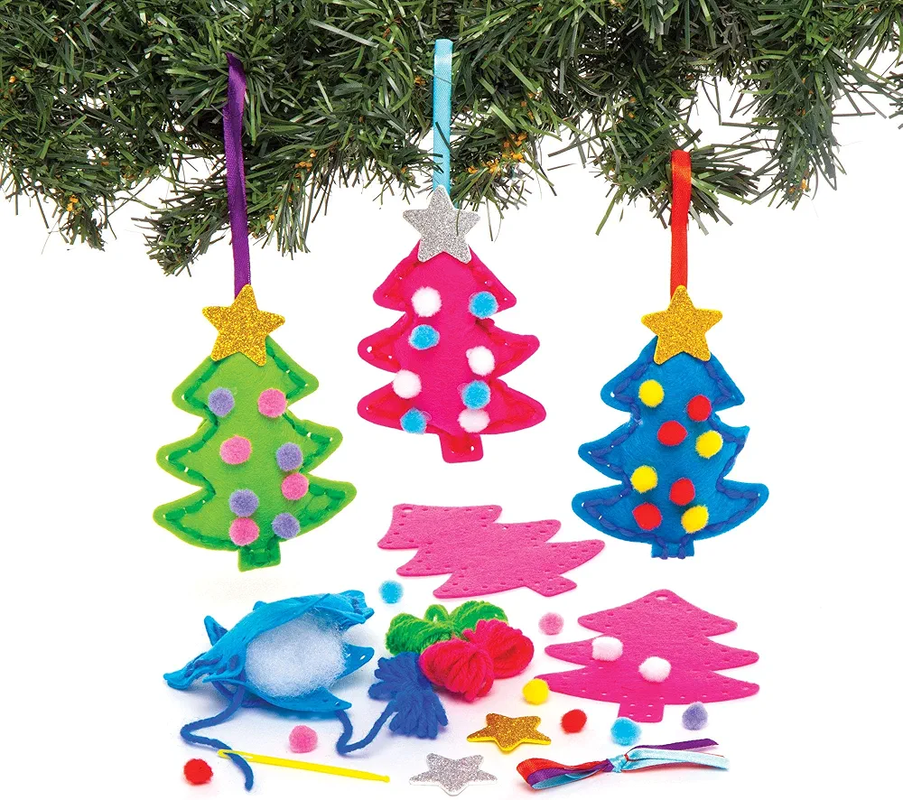 Baker Ross AW993 Christmas Tree Ornament Sewing Kits - Pack Of 3, Festive Arts And Crafts, Christmas Craft Kits for Kids