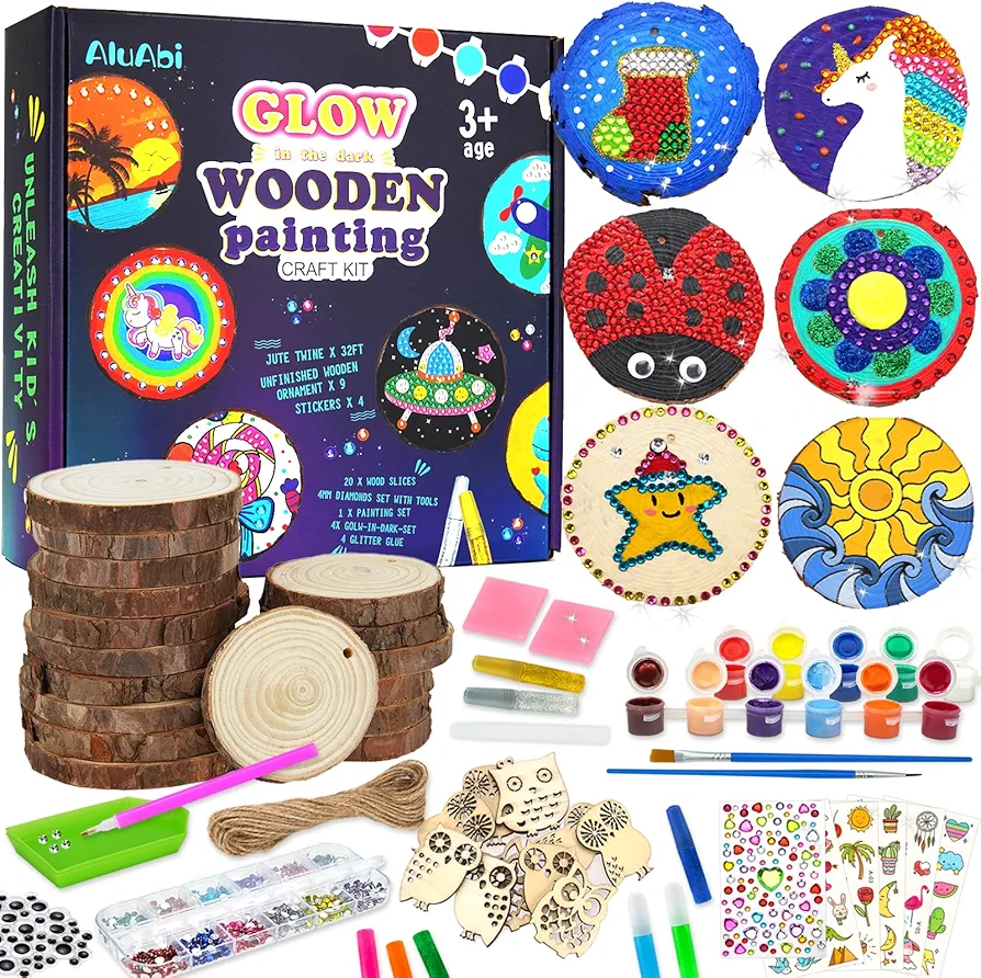 AluAbi Wooden Arts and Crafts Kits for Kids Glow in The Dark Wood Slice with Diamond Paint for Boys Girls Ages 5-12, Creative Art Toys Birthday Holiday Gift for Kids Boys Girls 5 6 7 8 9 10 11 12