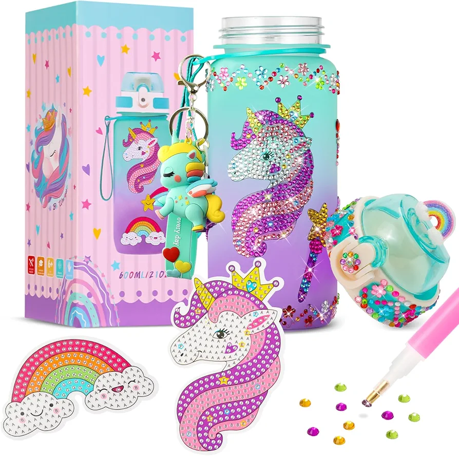 Yseoul Decorate Your Own Water Bottle Kits for Girls Age 4-6-8-10, Unicorn Themed Glitter Gems Craft Kit & Art Kit for Children, Fun Arts and Crafts Gifts Toys for Girls Birthday Christmas