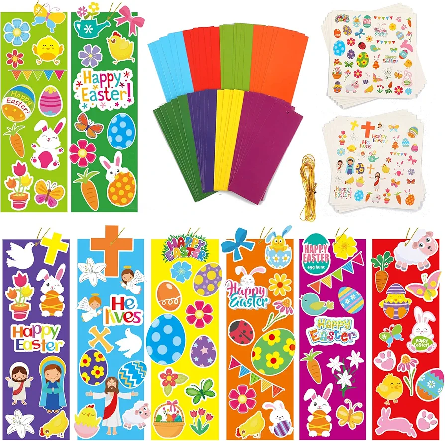 48Pcs Easter Paper Craft Kids DIY Bookmarks Art Craft Kit with Easter Egg Bunny Jesus Cross Stickers, Easter Home School Classroom Game Activities Party Decoration Gift Favor