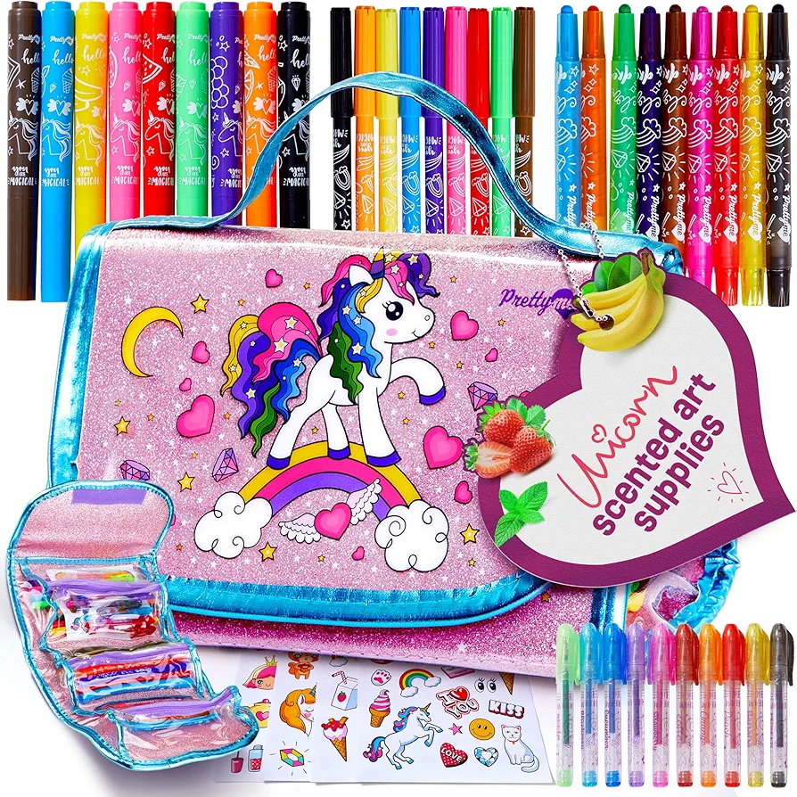 Unicorn Scented Art Supplies Kit for Kids - Unicorns Gifts for Girls Ages 4 5 6 7 8 Year Old Girl Birthday Gifts - Coloring Markers Toys Gift Set for Age 4-6 , 5-7 , 6-8 - Marker Drawing Craft Kits