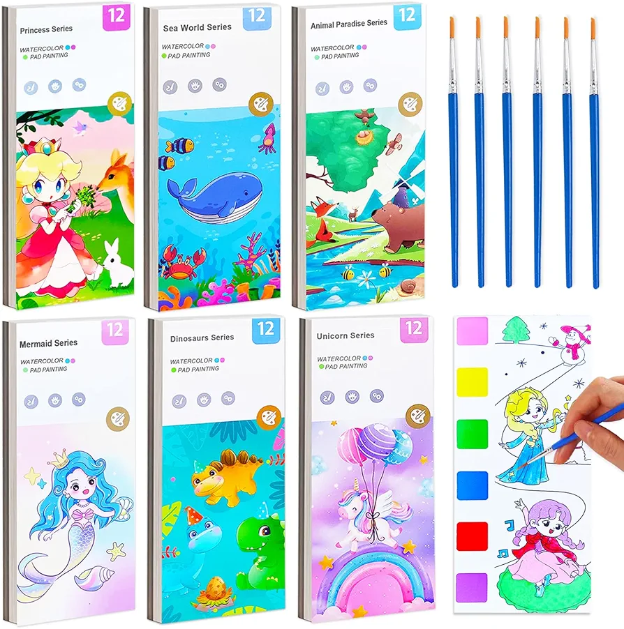 BAOXUE 6 Pack Water Color Paint Sets for Kids,Pocket Watercolor Painting Book,Paint With Water Coloring Books for toddlers Ages 2 3 4 5 6,Travel Arts and Crafts Kit for Girls Boys 4-8 year old