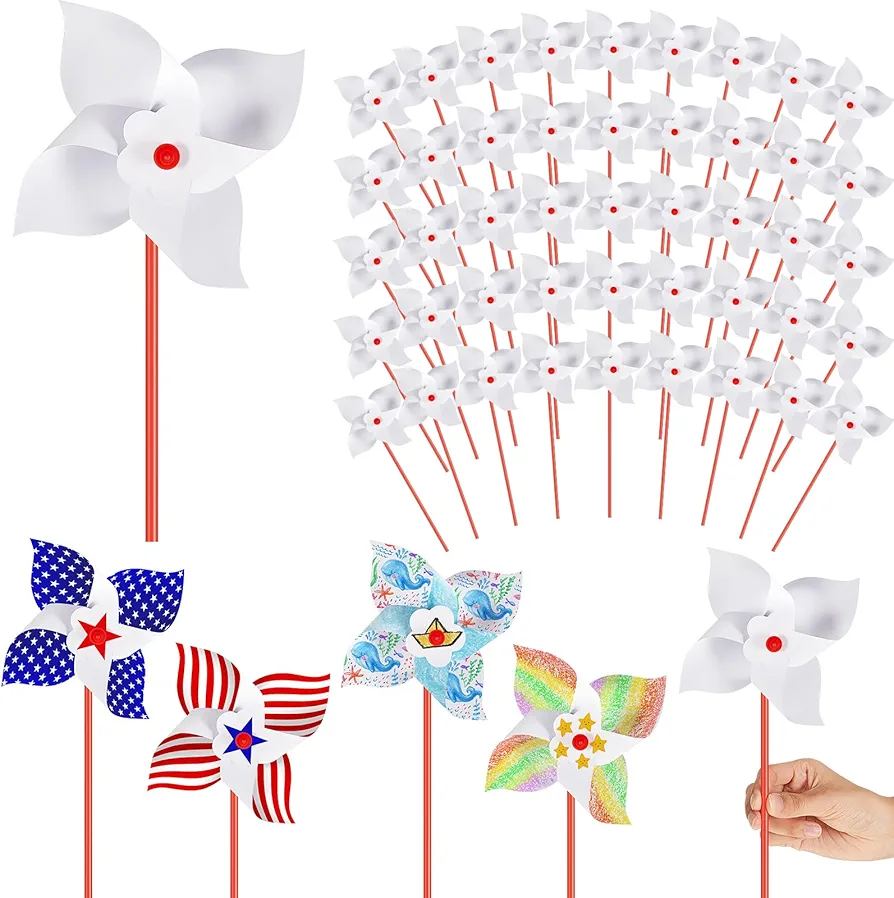 200 Pcs DIY Paper Pinwheels for Kids Bulk White Blank Paper Pinwheels Kids' Paper Craft Kits for Boys Girls Summer Activities, School Group Daycare Home Fun Graffiti Art Craft Project