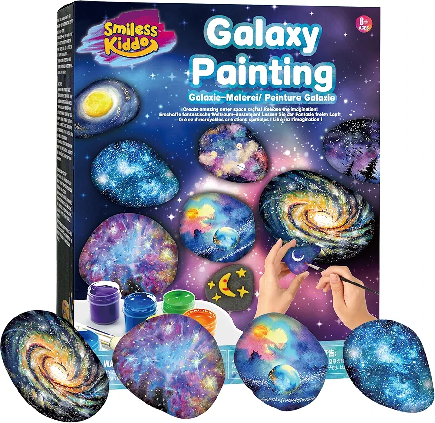 SMILESSKIDDO 2 in 1 Galaxy Rock Painting Kit for Kids - Glow in The Dark Arts and Crafts Kit for Kids Age 8-12 - Creative Art Toys for Painting Rocks with 13 Rocks, DIY Kids Crafts Age 6 7 8 9 10