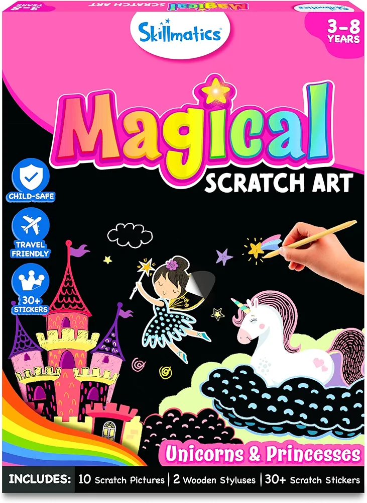 Skillmatics Magical Scratch Art Book for Kids - Unicorns & Princesses, Craft Kits & Supplies, DIY Activity & Stickers, Gifts for Toddlers, Girls & Boys Ages 3, 4, 5, 6, 7, 8