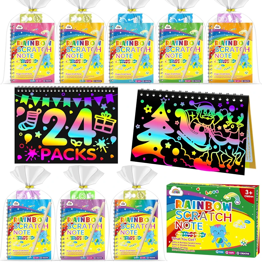 ZMLM Rainbow Scratch Party Favors Kids: Birthday Gifts Toy Bulk Scratch Art Notebook 24 Pack Scratch Paper Birthday Party Favor Girls Boys Art Craft Kit Scratch Pads Classroom Prizes