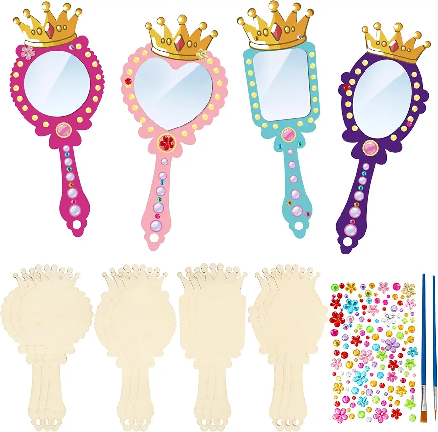 12 Pack Wooden Mirror Craft for Kids Decorate You Own Princess Mirrors for Girls DIY Paint Wooden Hand Mirror for Art Activities Birthday Mother's Day Gift