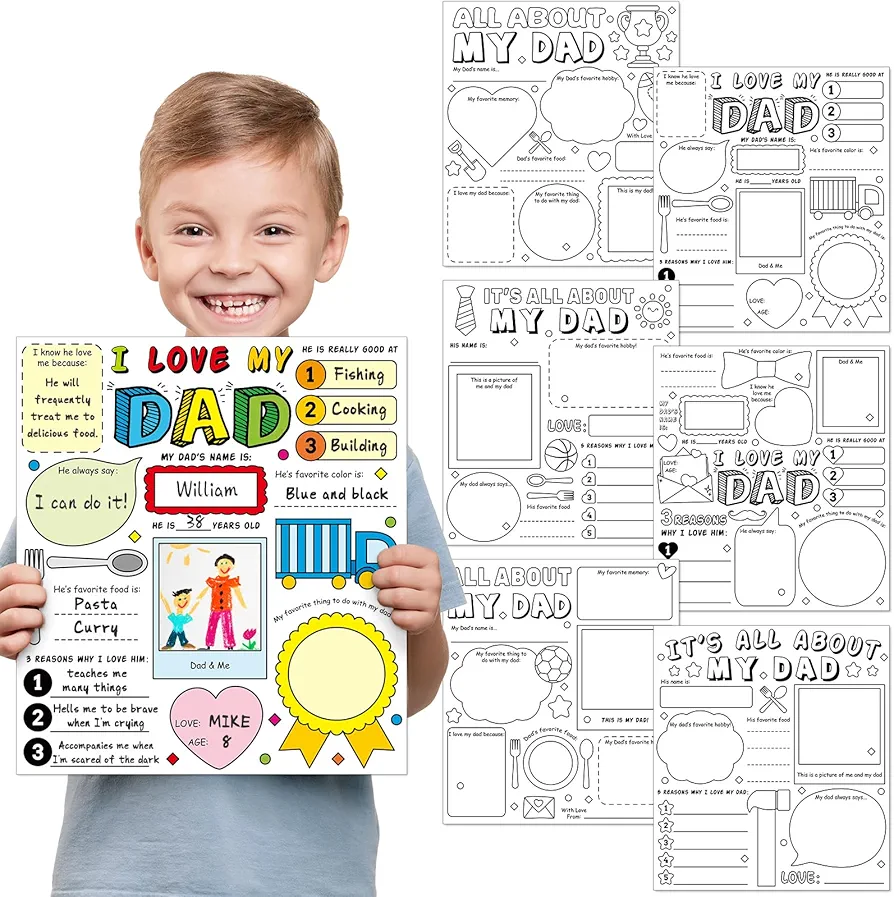 Qyeahkj 48Pcs Father’s Day Coloring Poster, All About Dad Poster for Kids Father’s Day Craft Gifts DIY Fun Home School Party Activities