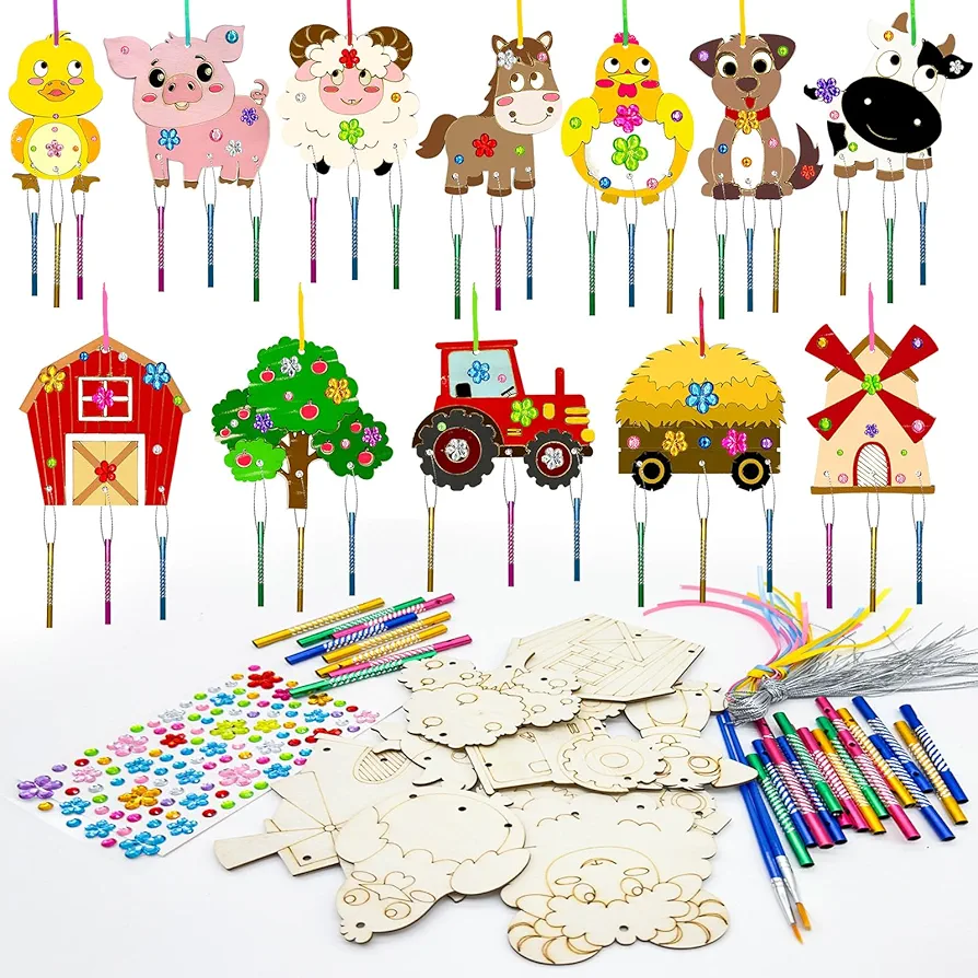 12 Pack Farm Animals Coloring Activities,Barnyard Tractor Party Favors Farmhouse Craft Wind Chime Kit Wooden Paint Arts DIY Coloring Craft for Fiesta Rodeo Cow Party Art Activity Supplies