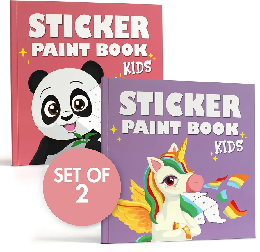 Fun Paint with Sticker Books for Kids Set of 2 - Entertaining Sticker Activity with Vibrant Themes Keeps Kids Ages 4-8 Busy - Perfect Sticker Puzzle to Learn Shapes and Numbers at Home or Travelling