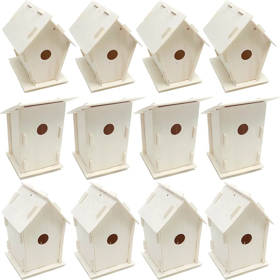 Podzly Kids Wooden Birdhouse Craft Kit - 12 DIY Bird House Kits - Bulk Arts and Crafts Set - Wooden Houses to Paint, Build, and Personalize - Perfect Kids Crafts Activity with 3 Designs to Enjoy