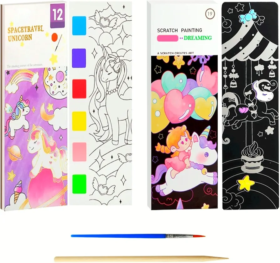 Riomh Watercolor Painting Books and Scratch Paper Art Set for Kids, Water Coloring Book Comes with Brush for Ages 4-8, Scratch Paintings Create Art to Toddler Activities Ages 3-4 (2PCS-Unicorn)