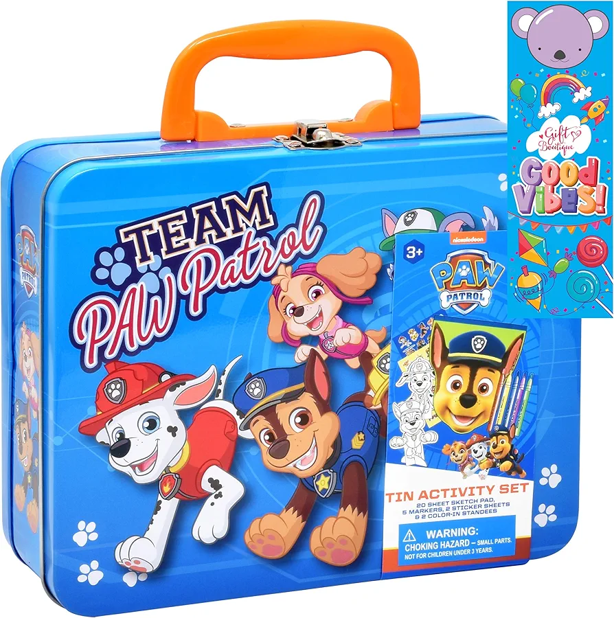 Gift Boutique Paw Patrol Coloring & Activity Tin Box for Kids, Mess Free Crafts Art Set with Paw Patrol Stickers, Markers, Sketch Pad, Bookmark Included, for Boys Girls Toddler
