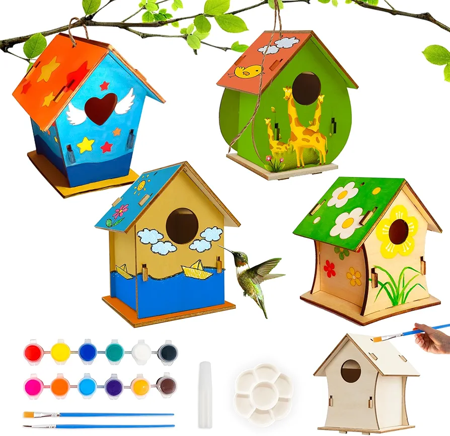 BELLOCHIDDO Bird House Kits for Kids Ages 4-8 - DIY Wooden Birdhouse Kit for Kids to Build and Paint,Bird House Kit Craft Includes Paints & Brushes - Bird House Kits Craft for Kids Ages 8-12(4 Pack)