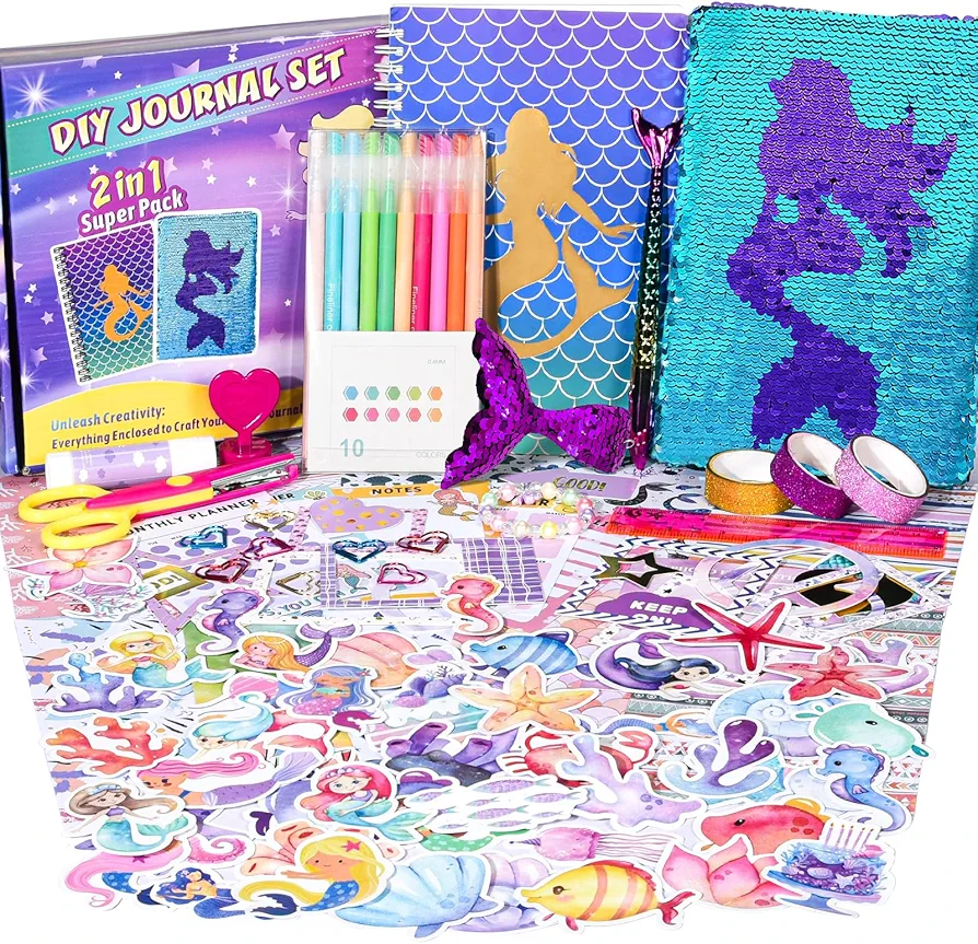 2-Pack DIY Journal Kit for Girls Ages 8-12 13 14 Year Olds, Birthday Gifts for Teen Girls, 110pcs Art Crafts Scrapbook Supplies for Tween Kids, Kawaii Diary Stationary Set with Mermaid Sequin Journal