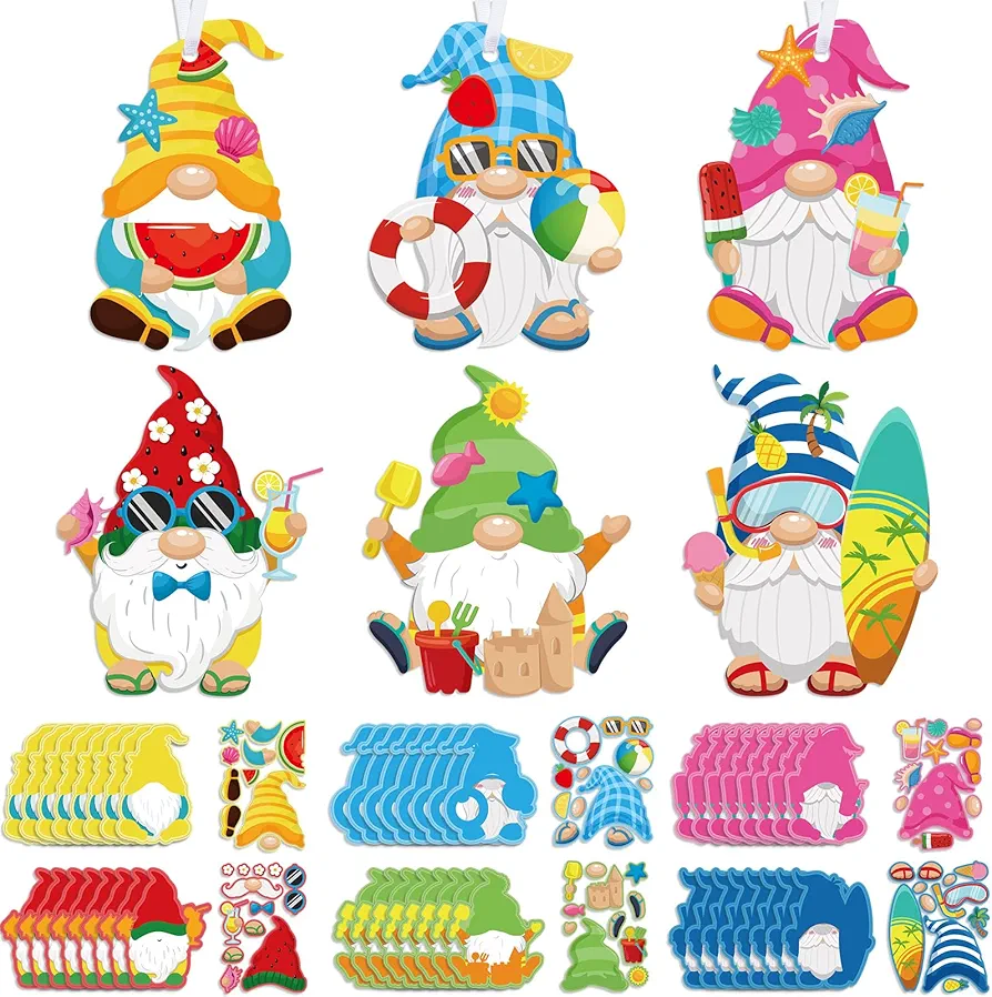 48 Packs Summer Craft Kits for Kids DIY Hawaii Aloha Gnome Craft Preschool Art Craft Set Make Your Own Gnome Craft Summer Gnome Ornament Kit for Kids Summer Party Classroom Favors Activities