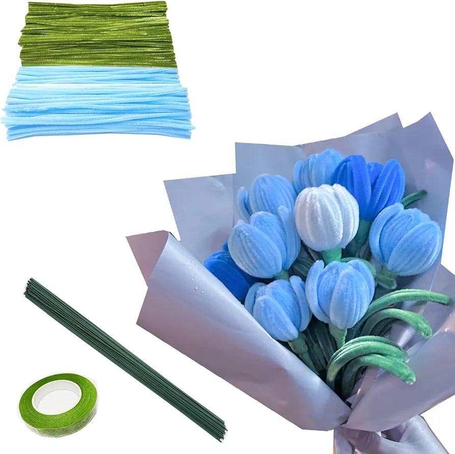 200pcs Pipe Cleaners Craft Supplies, DIY Tulip Bouquet Making Kit, Chenille Stems Flower Craft Kit Fuzzy Sticks Crafting Materials Bendable Wire Bulk for Art Classroom Mother’s Day Gift (Light Blue)