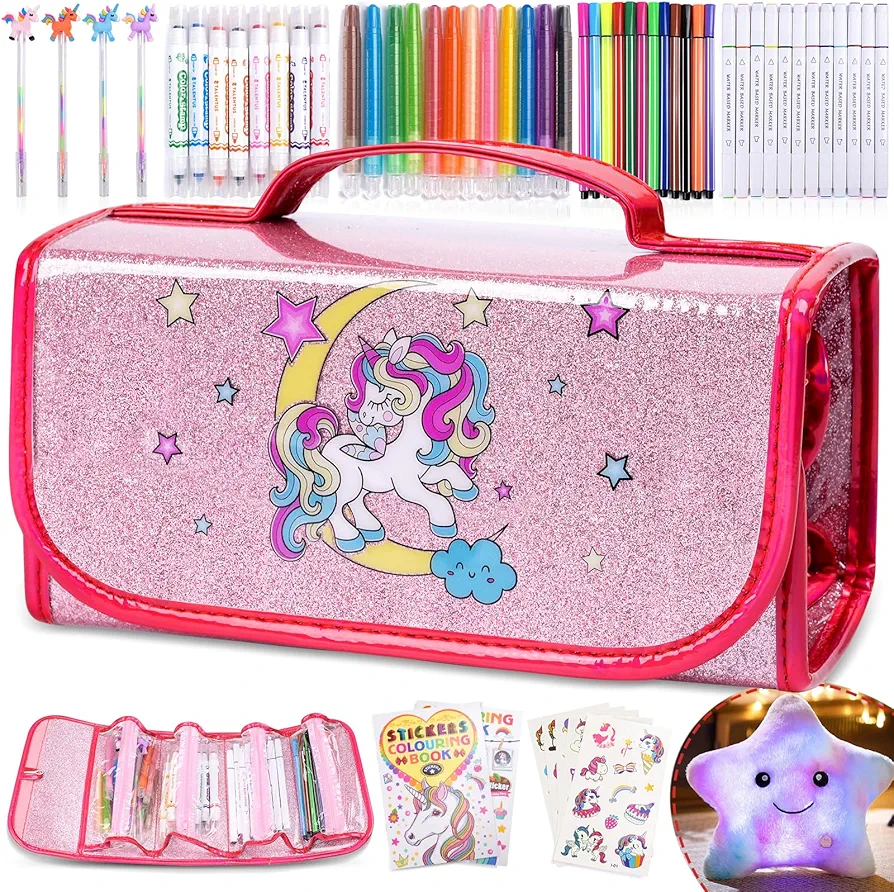 Unicorn Washable Markers Set for Kids, 57 PCS Art Supplies for Kids Ages 4-6-10, Art and Craft Kit with Glow in the Dark Stickers and Plush Star - Birthday Gifts for Girls 4 5 6 7 8 9 Year Old