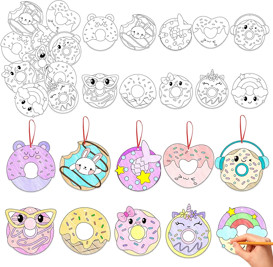 JAPBOR Donut Coloring Craft Art - 83PCS Donut Theme Party Activities Coloring Kits for Kids, Color Your Own DIY Desserts Cards Hanging Ornament, Summer Draw Paper Book Activity School Classroom Favors