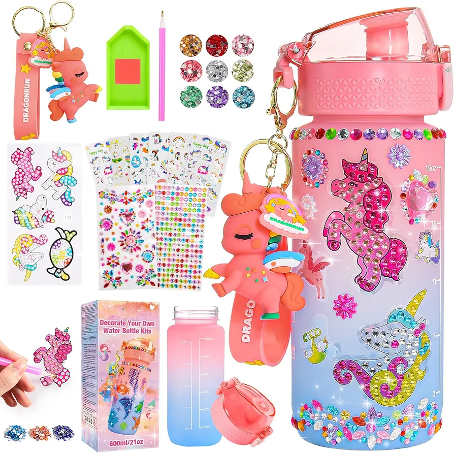 Decorate Your Own Water Bottle Kits for Girls - Unicorn Diamond Painting Arts and Crafts for Kids,DIY Creative Activity, Birthday Gifts for 4 5 6 7 8 9 10-12 Year Old Girl(Pink Unicorn)